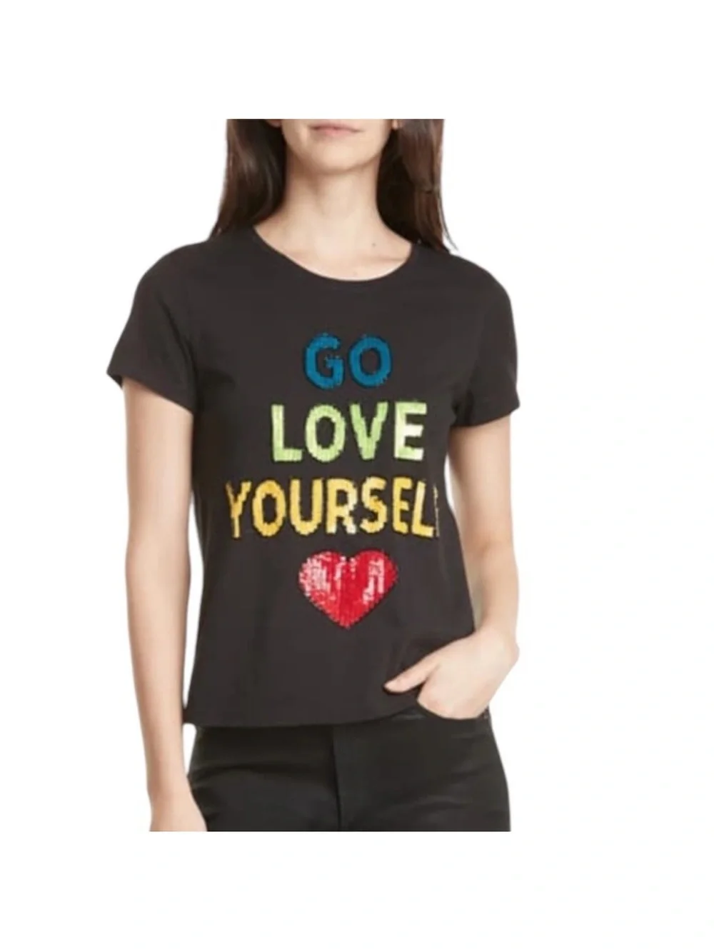 Alice + Olivia Black Sequin "Go Love Yourself" Tee with Red Heart Size L - Picture 2 of 10